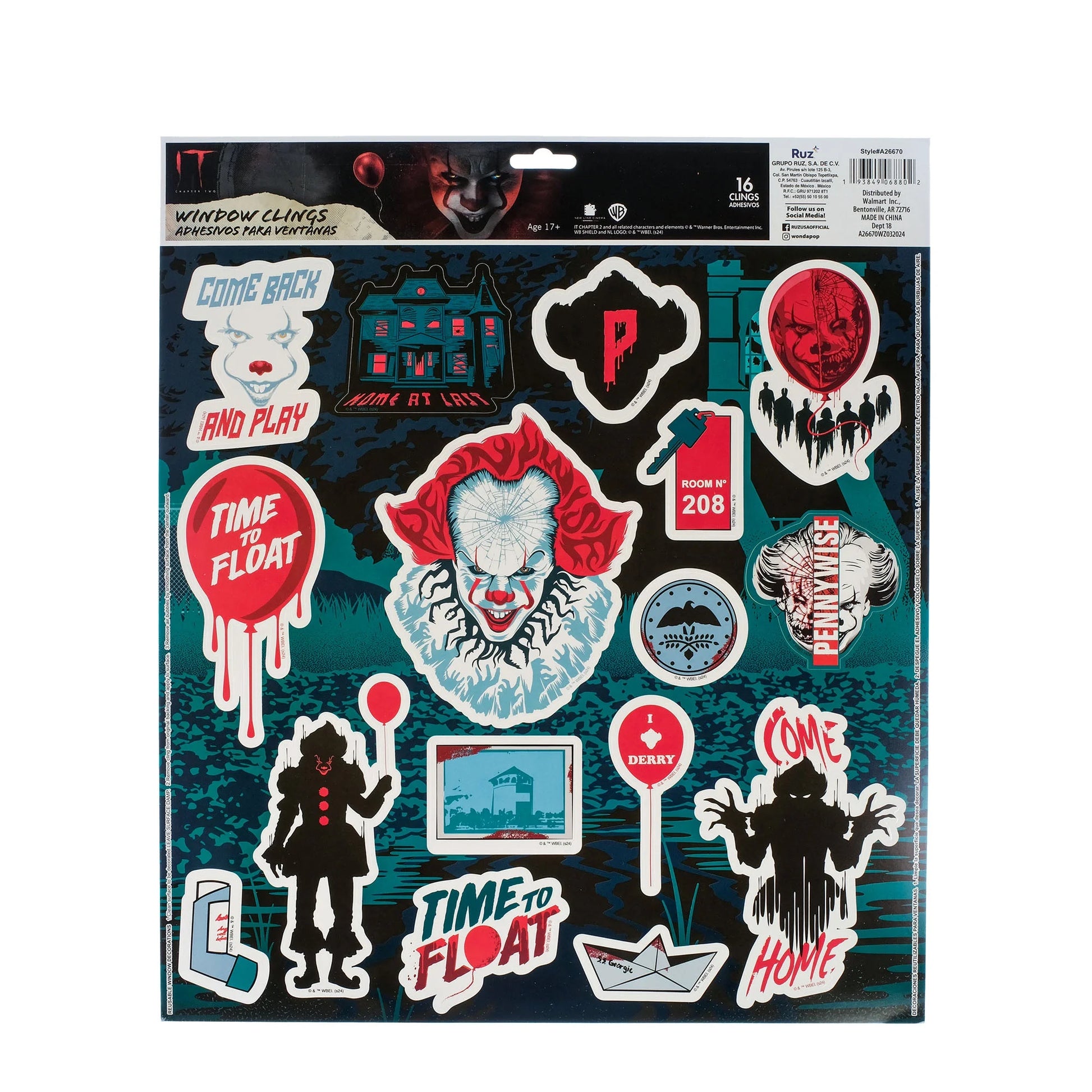 Pennywise Halloween Static Cling Wall or Window Décor, 16 Pieces by