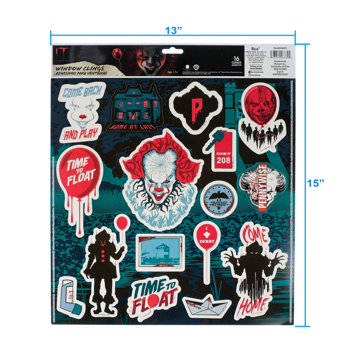 Pennywise Halloween Static Cling Wall or Window Décor, 16 Pieces by