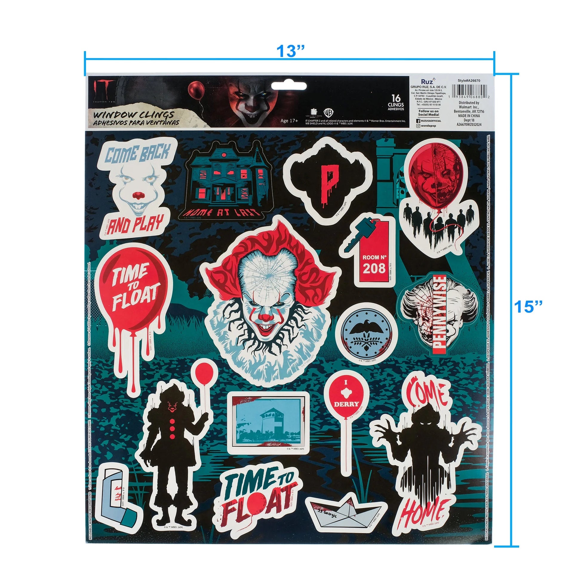 Pennywise Halloween Static Cling Wall or Window Décor, 16 Pieces by
